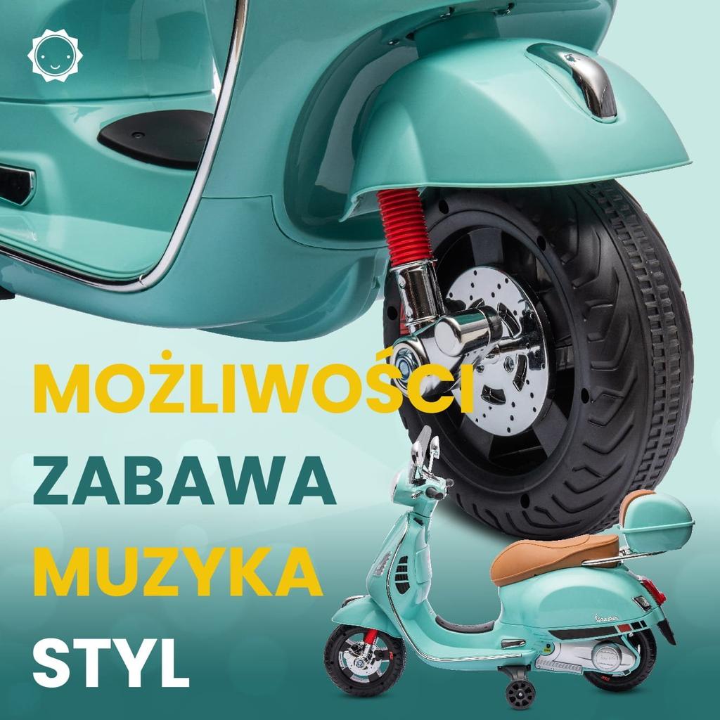Jeździk Dla Dziecka Skuter Vespa Na Akumulator Z Kuferkiem Turkusowy Sun Baby