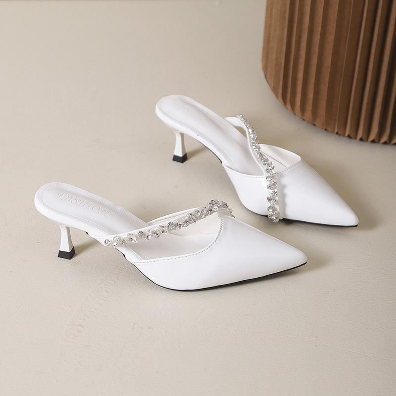 2025 Spring New Pointed Rhinestone High Heels Women's Empty Slippers Thin Heel Bag Head Black Waterproof Table Half Slippers