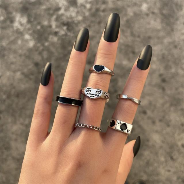 6pcs Vintage Gothic Butterfly Angle Flower Multi Element Ring Set For Women Men Retro Personality Finger Ring Gifts