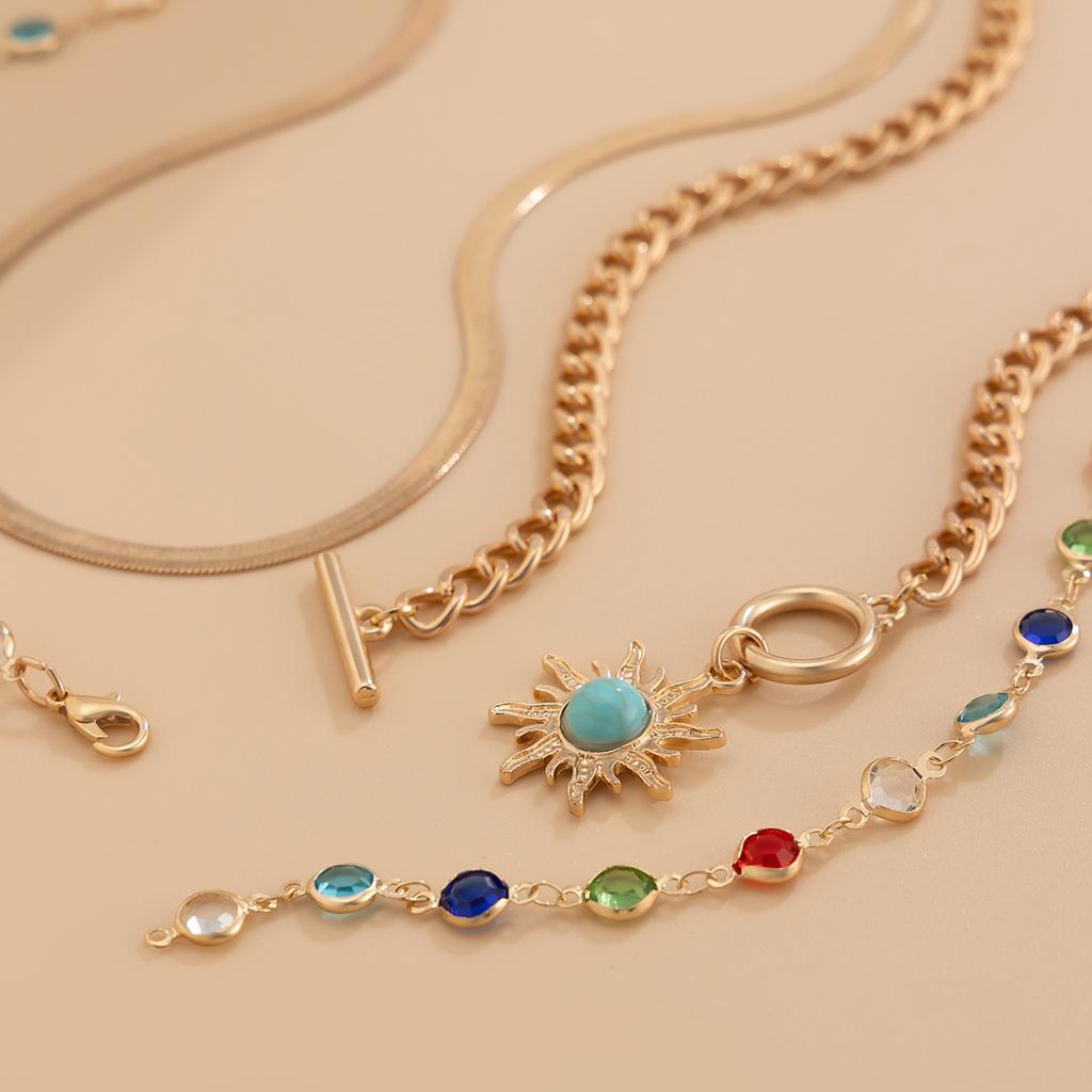 Wind Colored Crystal Snake Bone Chain Necklace, Simple Turquoise Sun Pendant Set Stacked Necklace