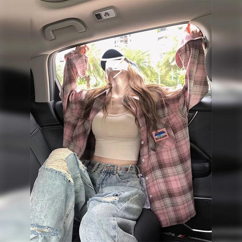 

Shirt 2024 New Arrival Autumn Clothing Stylish Niche Top Retro Sunscreen Pink Plaid Shirt Coat Female Autumn Pink S