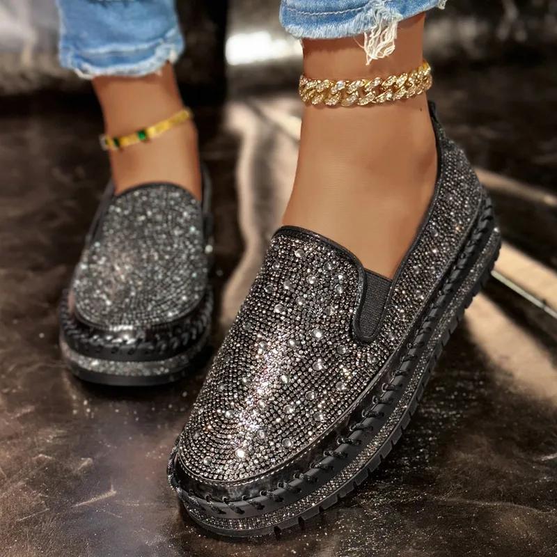 Plus Size 2025 Platform slip On Women's Vulcanize Shoes Outdoor Flat with Crystal Sneakers Bordered Ladies Casual Shoes