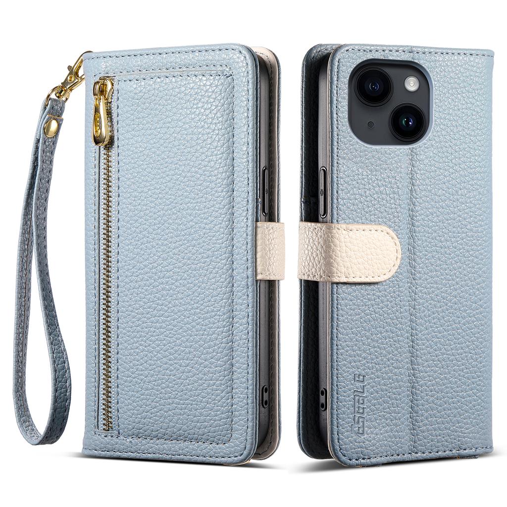ESEBLE E11 For iPhone 15 Case Zipper Pocket Litchi Texture Leather Phone Cover with Mirror and Wrist Strap
