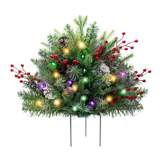 Pre-lit Christmas Tree Urn Filler Battery Operated Artificial Xmas Tree with Cones Berries Holiday Porch Planter Filler with Tripod Stake And LED