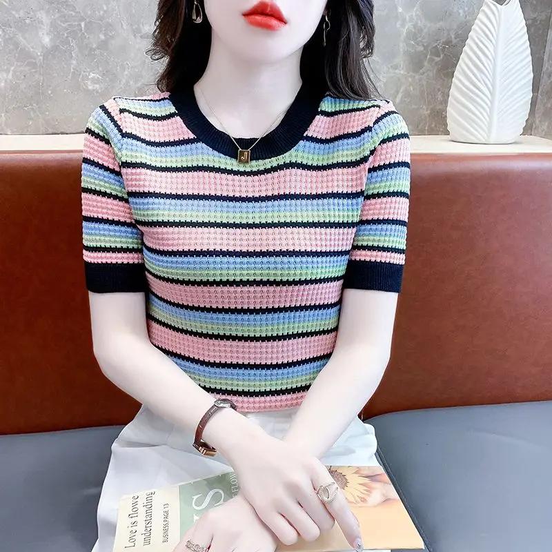Summer Womens Casual Rainbow Striped Knit Tee Daily Top