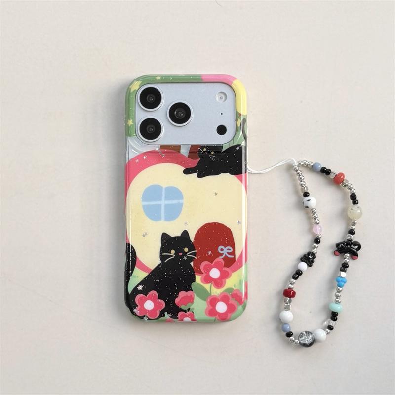 Black Cat Cartoon Chain Phone Case for iPhone 17, 16 Pro Max, 15, 14