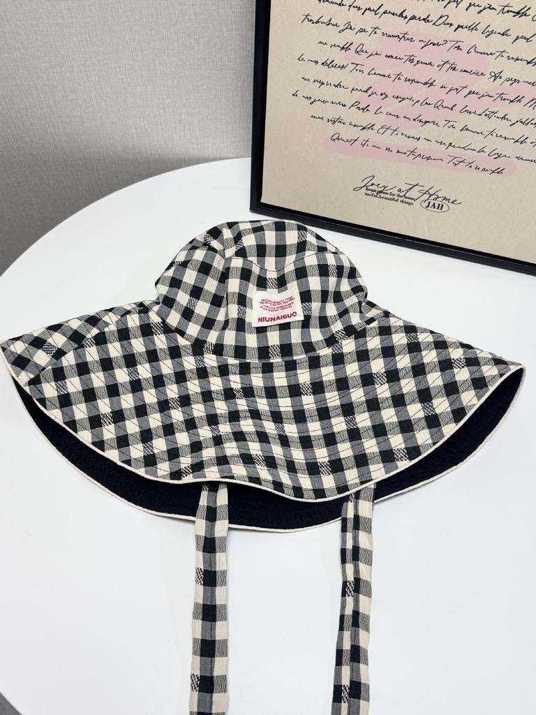 Plaid Bucket Hat Women'S Summer Wide Edge Lace-Up Big Brim Showing Face Small Sun Hat Sun Protection Hat Basin Hat