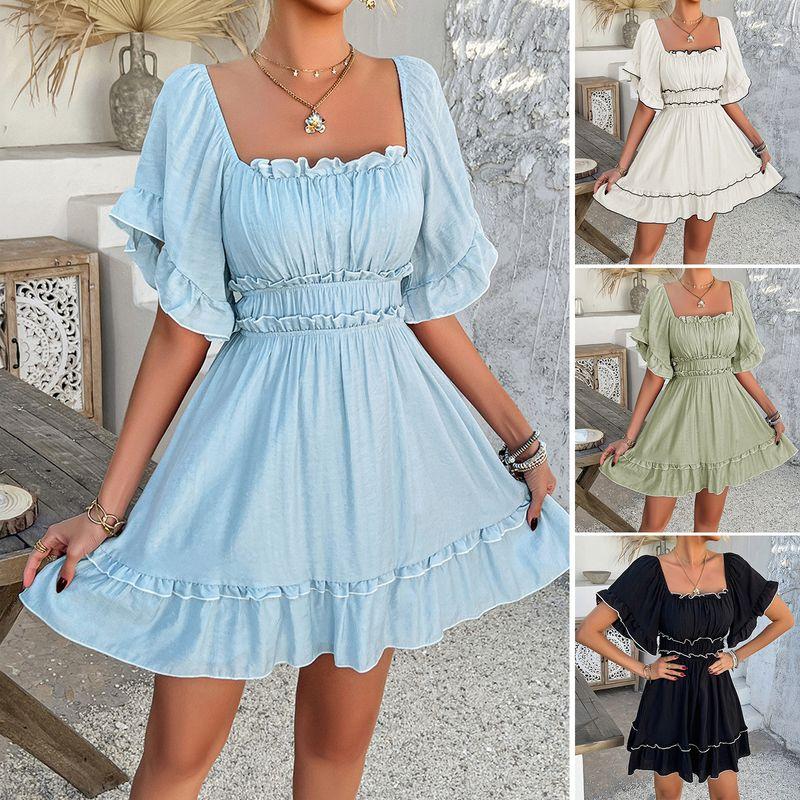 

2025 Solid Color Ear Edge Short Sleeve Dress Blue M