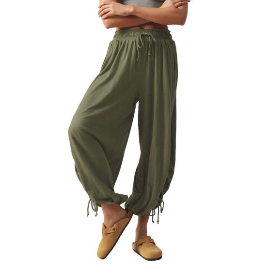Women Bloomers High-Drape Side Shirring Wide Leg Pants with Elastic Waistband Adjustable Drawstring Pure Color Casual