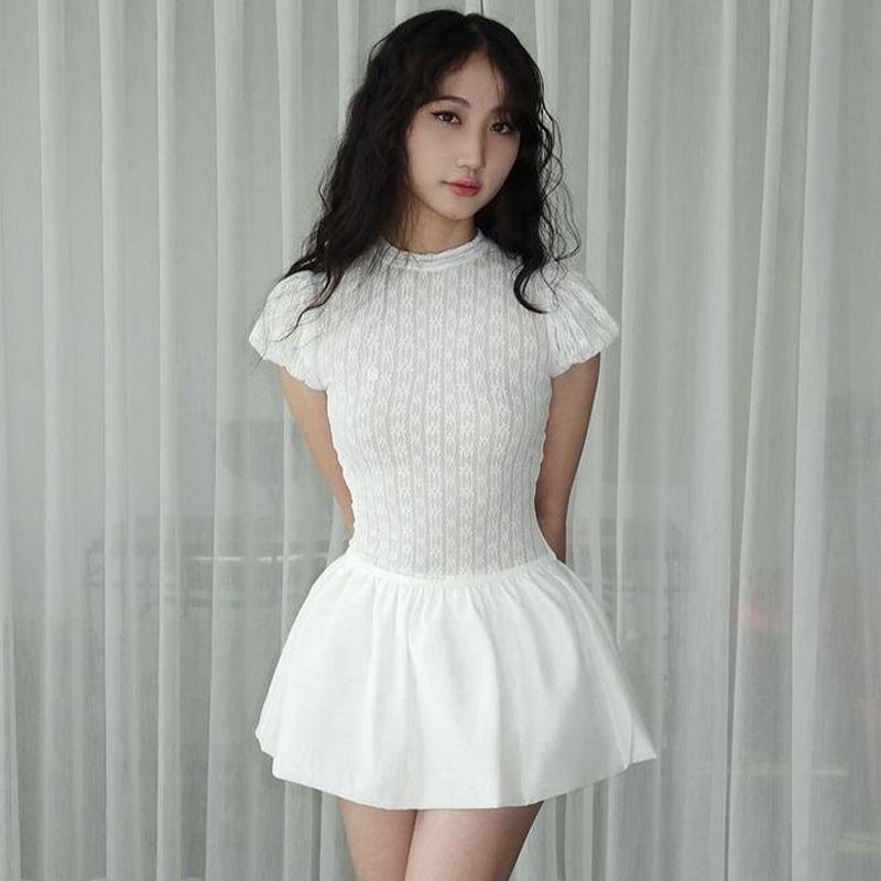 

Gusty Sweet Sexy Lace Patchwork Puff Sleeves Pure Slim White Dress Date Pettiskirt Elegant Dress Summer White S