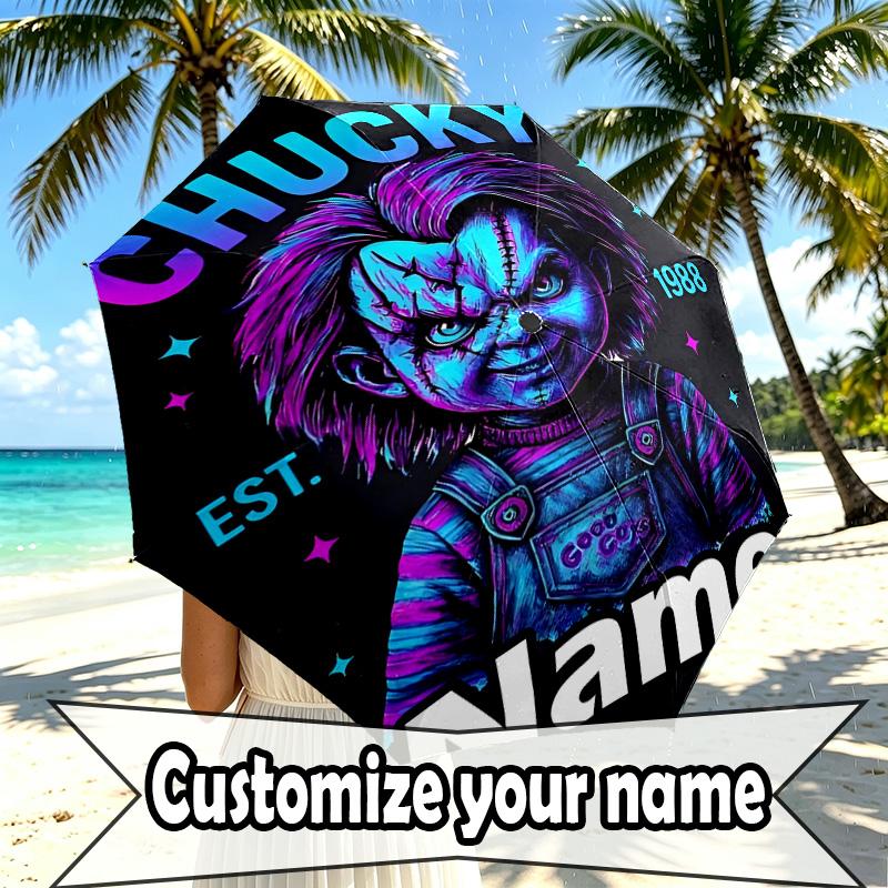 Custom Name Personalized Bride of Chucky Print Umbrella, Auto Open Close, 8‑Rib Sturdy Frame, Commute Camping Hiking Use, Birthday Gift