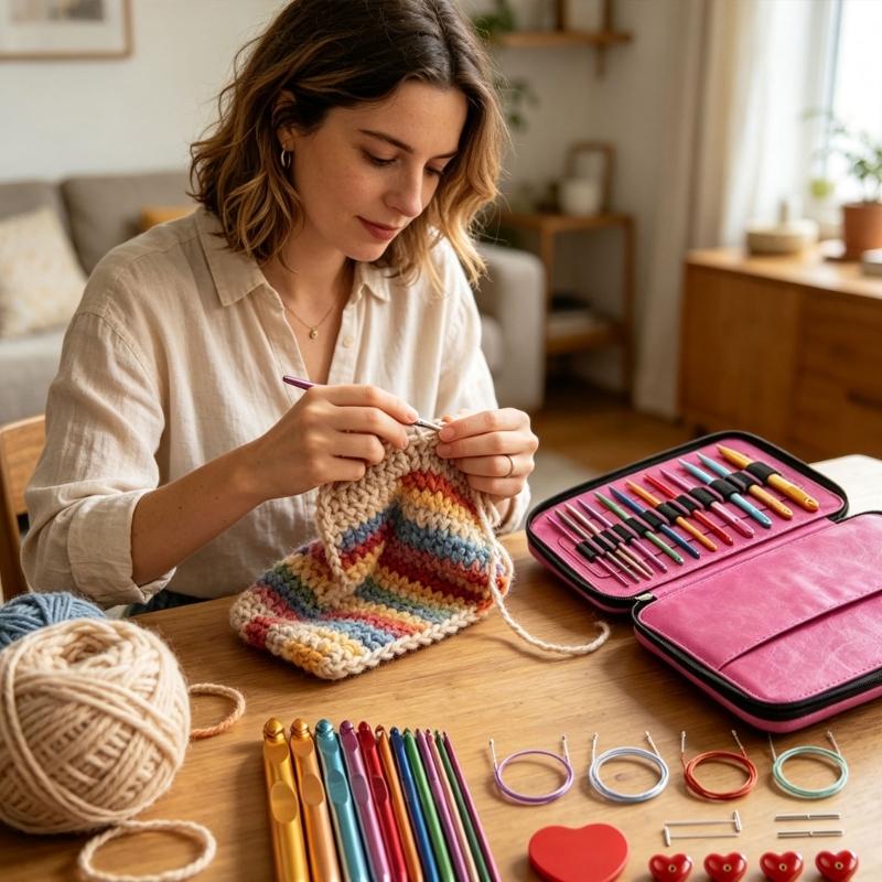 Tunisian Crochet Hook with Connector Cord, 12-Piece Color-Anodized Aluminum Set for Hoop-Filled Row, Garments, Rugs, and Home Decors