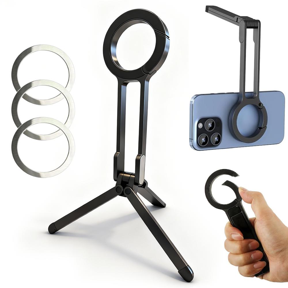 Alloy Magnetic Phone Tripod Foldable Portable Stand Carabiner-Mounted Desk Support with 3 Magnetic Rings for 14 15
