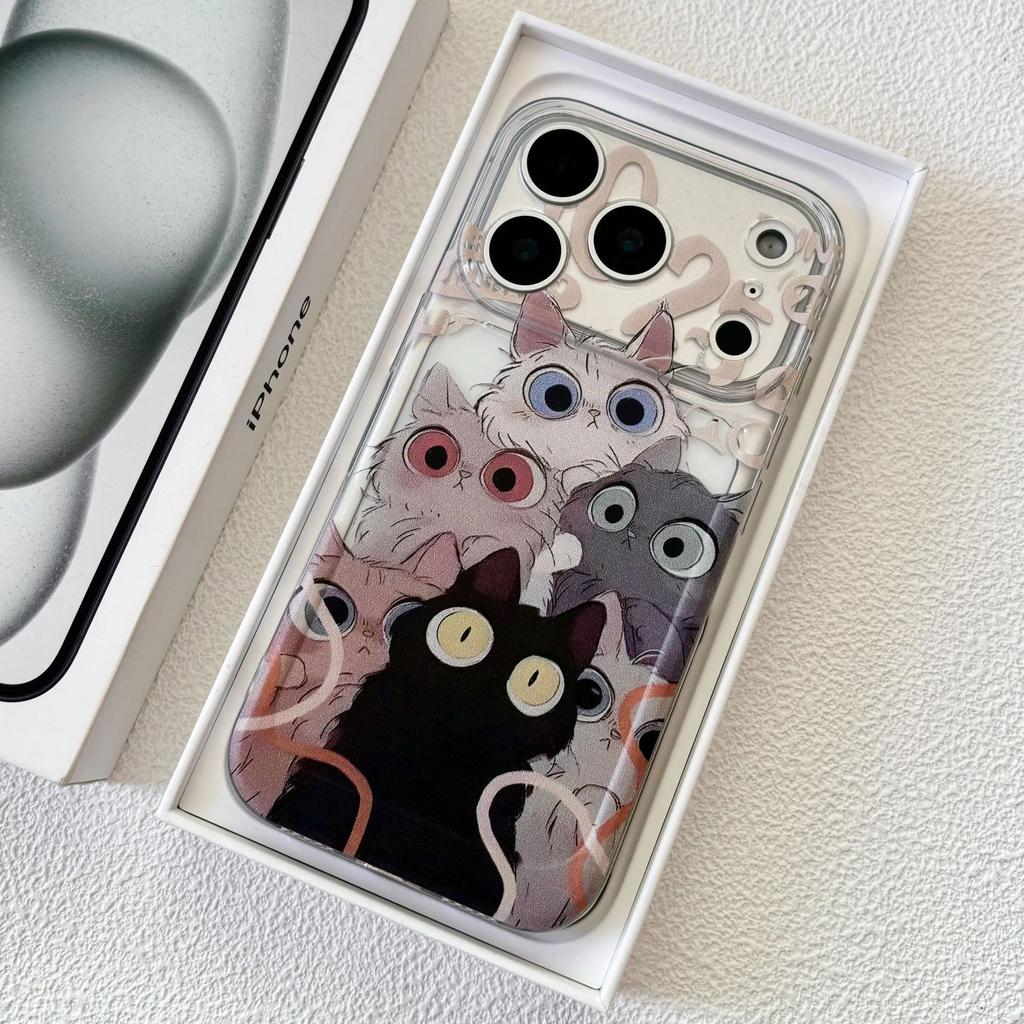 Cute Onlookers Cat Applicable Apple 16/17pro Mobile Phone Case IP15 Transparent Space Case 14 All-inclusive 13 Soft 12