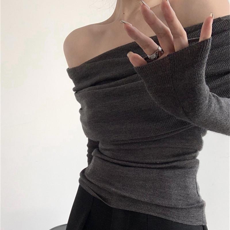 Elegant Off-the-shoulder Knitted Women Blouse Gentle Casual Top Fashion Slim Fit Thin Long Sleeved Pullover Sweater Solid Color Sexy Fashion Clothing