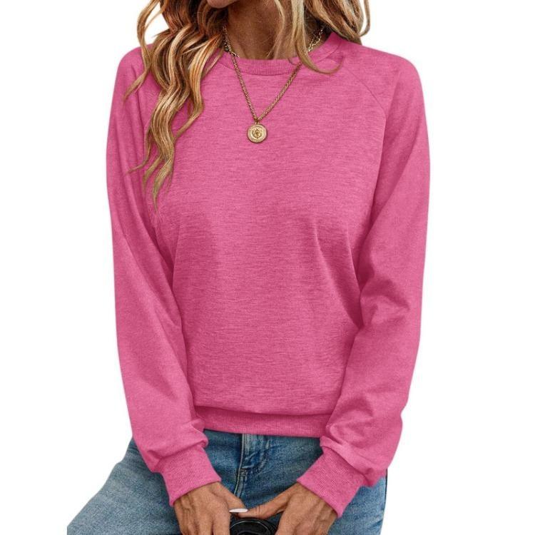 Solid Color Long Sleeve Hoodie Loose Pullover Round Neck Womens Sweatshirt