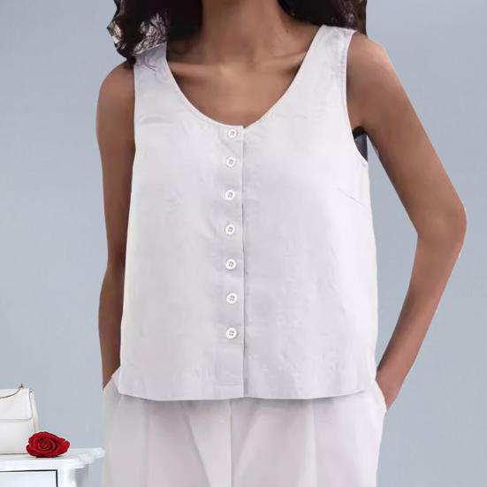 Women Summer Vest Round Neck Sleeveless Loose Fit Tops Solid Color Button Placket Design Tank Tops Streetwear