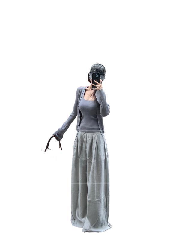 Grey Knitted Camisole and Cardigan Two-Piece Set - Korean Style, Early Autumn, Slimming and Slim Fit