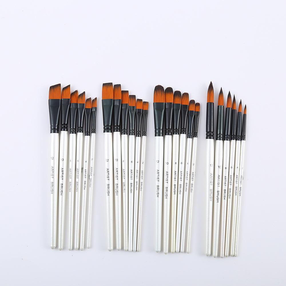 Six-Piece Nylon Hair Paintbrush Set with Pointed and Flat Heads for Acrylic, Watercolor, and Oil Painting - Pearlescent White
