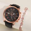 2pcs/set Women's Elegant Watch Fashion Casual Analog PU Leather Band Wrist Watch & Rhinesone Bracelet, Best Gift for Her