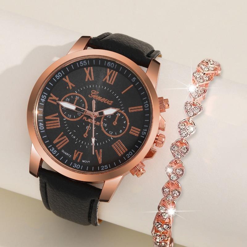 2pcs/set Women's Elegant Watch Fashion Casual Analog PU Leather Band Wrist Watch & Rhinesone Bracelet, Best Gift for Her