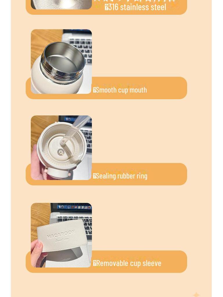 Thermosbecher mit großer Kapazität, einfarbig, mit Hülle und Strohhalm für Studenten und Sport