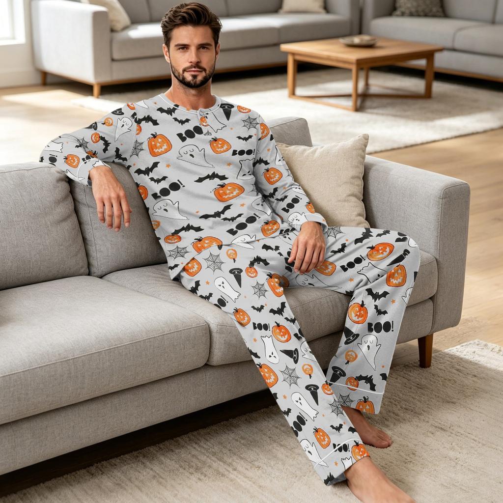 Herren Halloween-Print Lockere Passform Pyjama-Set für Freizeit-Schlafbekleidung