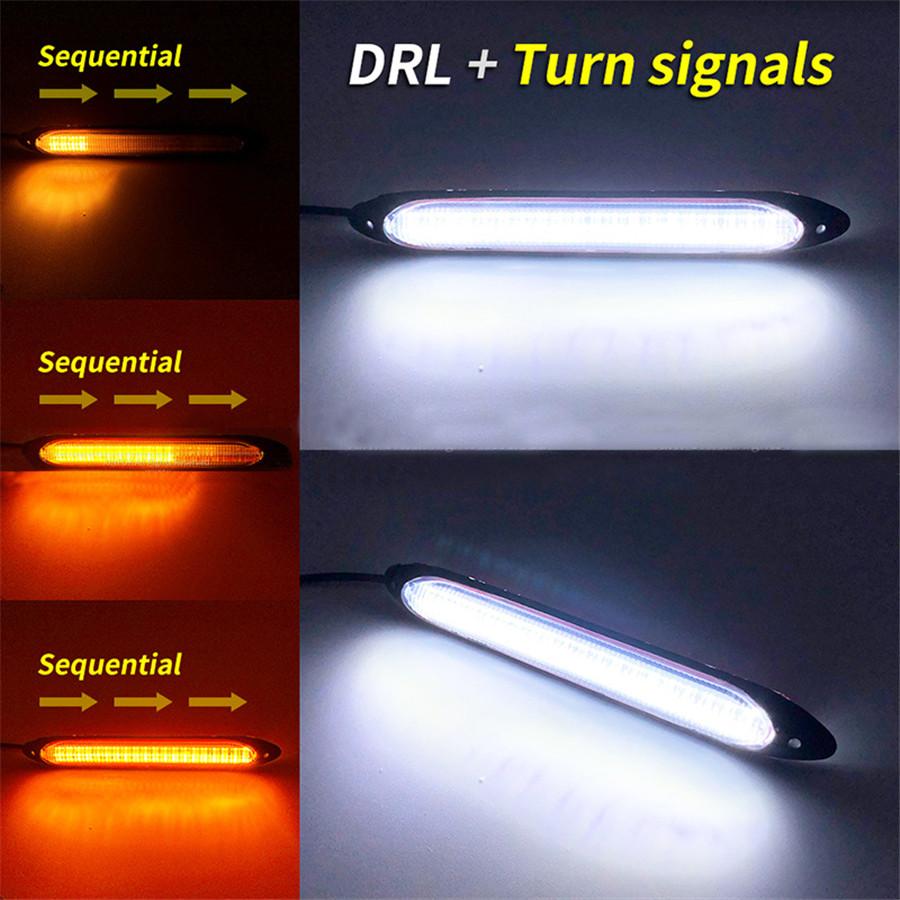 2×9.25" Universal Car LED Daytime Running Light Scan Waterproof Headlight Strip Sequential Flow Yellow Turn Signal White DRL Light