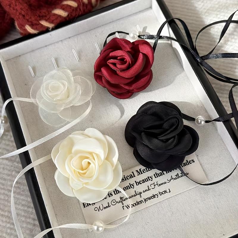 

4Pcs Versatile Vintage Elegant Rose Flower Necklace, Ribbon with Flower Detail Design
