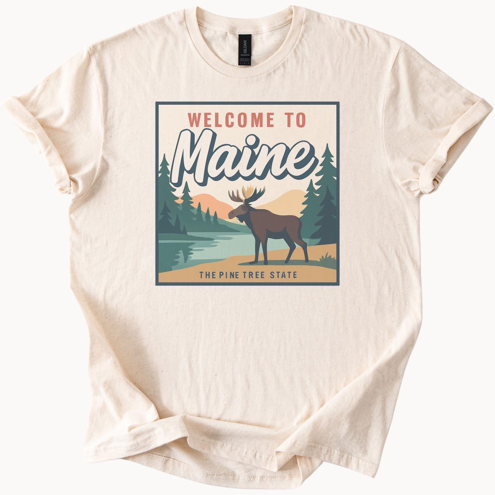 Maine Moose Graphic T Shirt Welcome to Maine The Pine Tree State Scenic Wilderness Souvenir Nature Forest Animal Graphic Tee Shirt 100