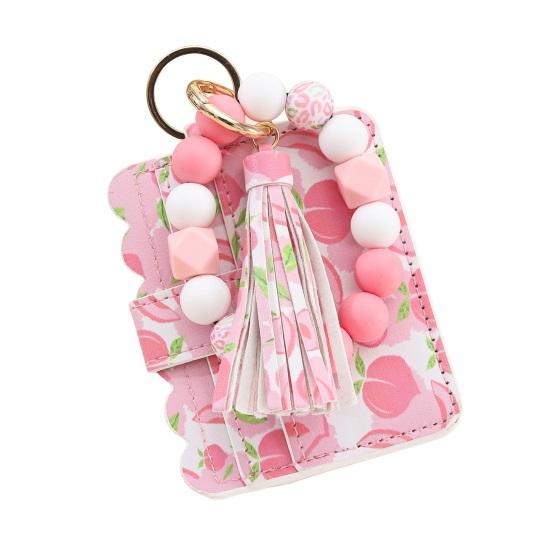Ladies Wristlet Wallet Floral Print Wallet Beaded Wristlet Keychain with Tassel Coin Wallet Card Holder for Street Daily Outings
