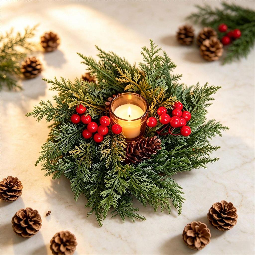 Christmas Candle Holder Wreath with Red Berries and Pine Cones Ornaments