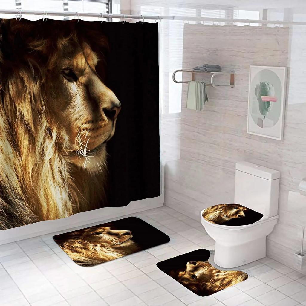 Black Tiger Animals Printed Shower Curtain Set Bathroom Bathing Screen Anti-Slip Toilet Lid Cover Carpet Rugs Kitchen Home Decor