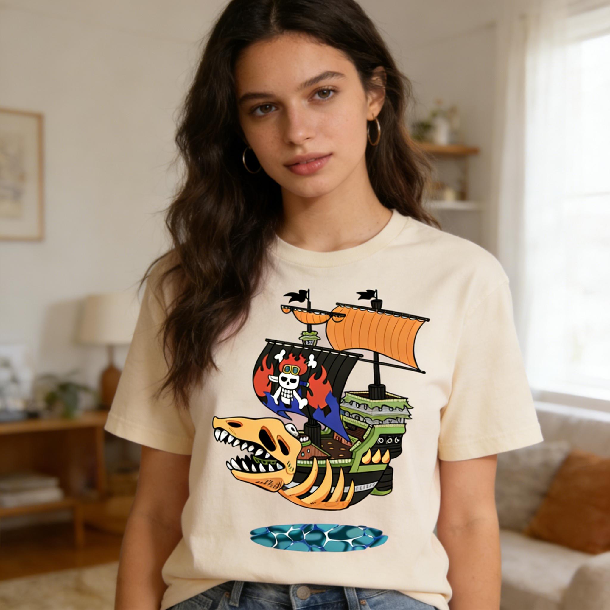 

Unisexs Blue Anime TShirt Skull Dinosaur Ship with Goggles Pirate Flag Vibrant Print Cotton Tee for Casual Otaku Daily Streetwear S