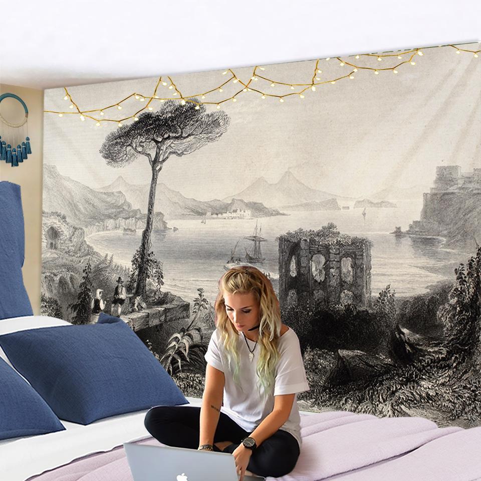 European Port Black And White Wash Painting Tapestry Wall Hanging Pine Psychedelic Bohemian Hippie Bedroom Decor