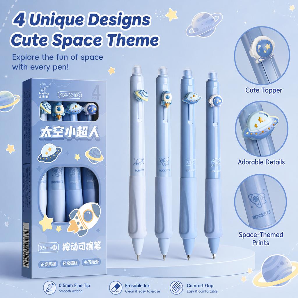 4 Pcs Creative Space Planet Erasable Pens 0.5mm Blue Ink Comfort Grip Writing Pen School Office Stationery Gift
