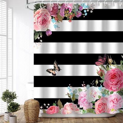 Pink Floral Butterfly Shower Curtain Girly Black & White Striped Bathroom Decor 72x72 Inch,Machine Washable Polyester with Hooks