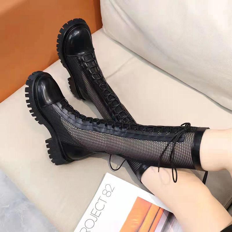 Spring and Summer Boots Women's Boots 2025 New Mesh Hollowed Leather Thick-soled High Mesh Boots Cool Boots Knight Boots