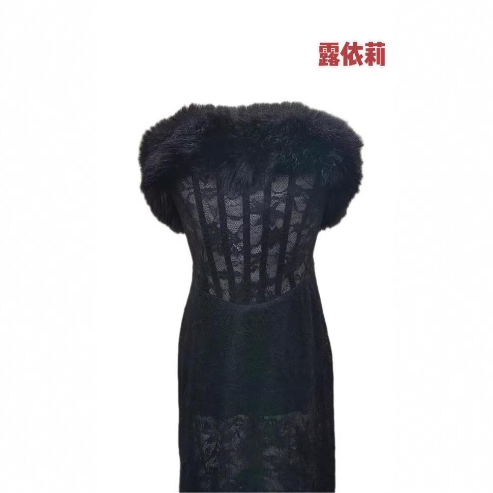 European and American new temperament lace splicing fluffy fishtail long party dress dress