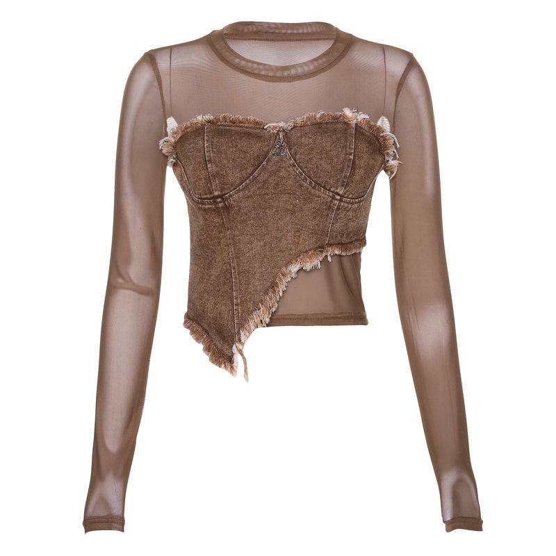 

Thestar American Retro Mesh Patchwork Irregular Denim Maillard Long Sleeves T-shirt Sexy Short Tops Women Brown S