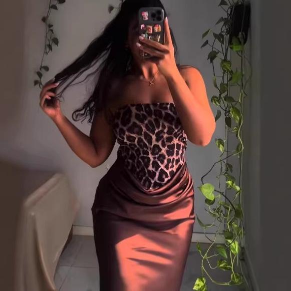 European and American Summer Pure Desire Style Leopard Print French Tube Top Dress, Sexy Off-the-shoulder Temperament, Waist and Thin Buttocks