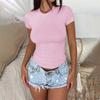 Summer Round Neck Solid Color Slim Pullover T-shirt Women Short Sleeve Simple All-match Elastic Bottomed Tee Top