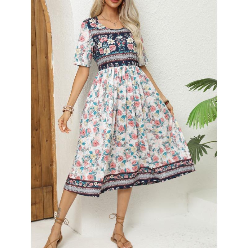 2024 Europe and America autumn ladies round neck short sleeve long skirt Bohemian print dress woman