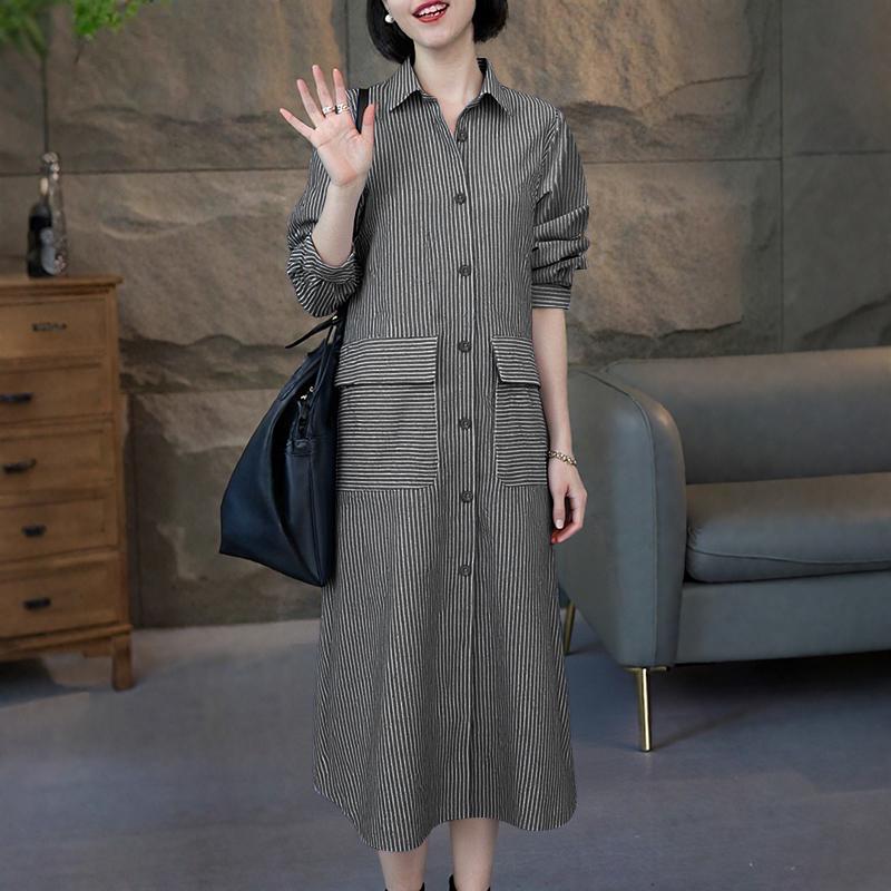 ZANZEA Women Casual Turn Down Collar Loose Long Sleeve Stripe Dress