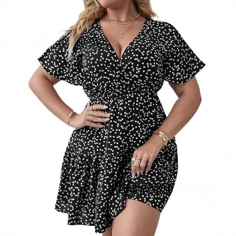 Plus Size V-neck Ruffle Short Sleeve Wrapped Printed Dress for Women Fashion Elegant Party Short Dress Loose Casual Sweet A-line Dresses Holiday