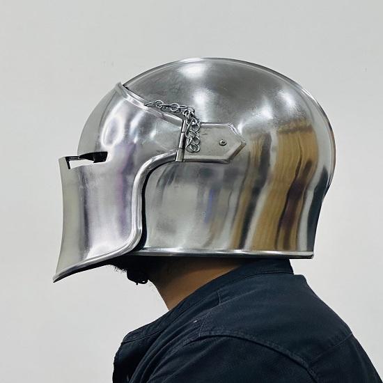 Barbute Visor Helmet ~ Medieval Steel Helmet With Inner Linner And Wooden Stand