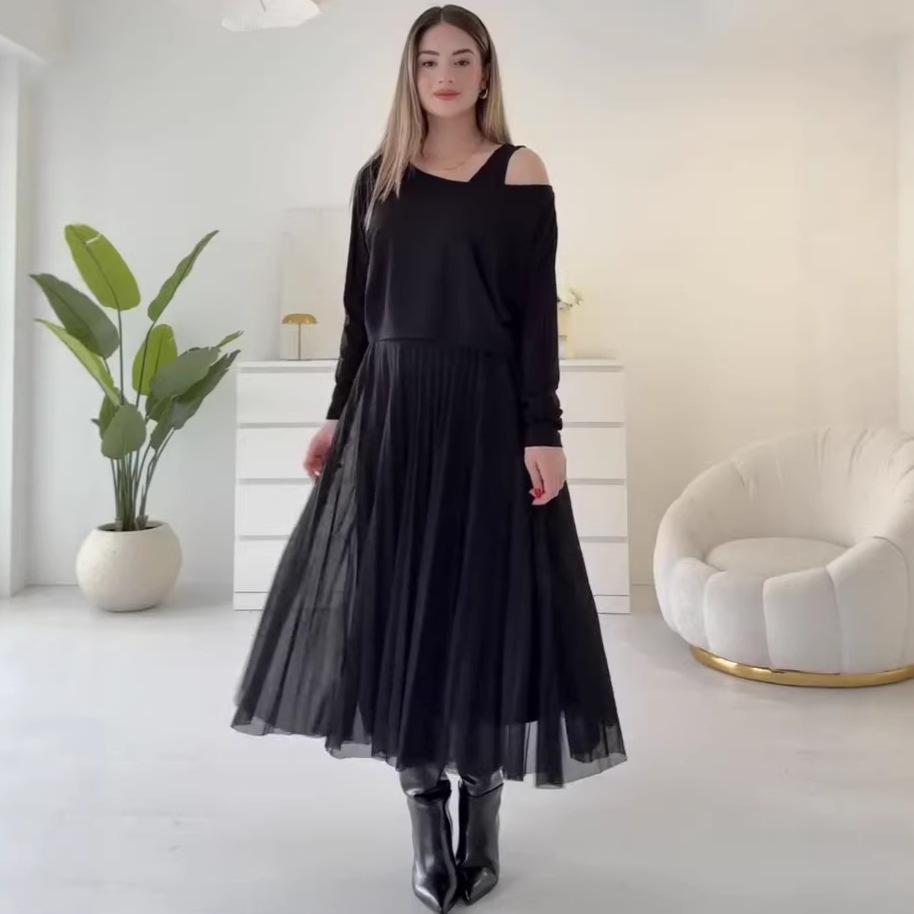 Cross-border European and American women's clothing Amazon sexy casual slanted shoulder long-sleeved top suspender bottom dress