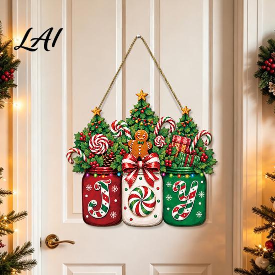 Candy Cane Holiday Sign Christmas Door Joy Hanging Wooden Sign Gingerbread Wreath Mason Decorative Wood Board for Windows Jar Welcome Front