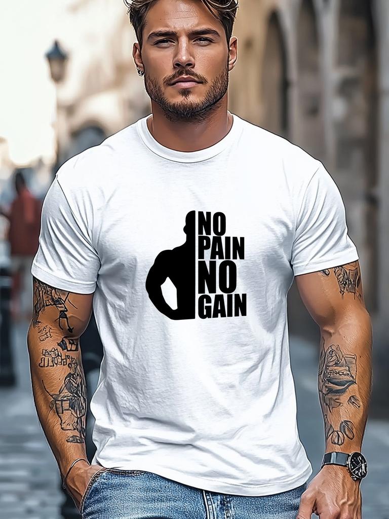 No Pain No Gain Muscle Unisex Silhouette Fitness Gym Motivational Print Unisexs Crew Neck Short Sleeve Casual Workout Basic T Shirt