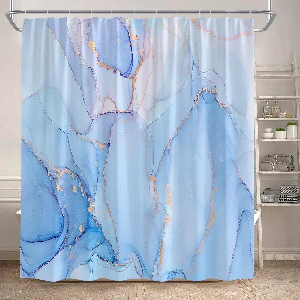 Abstract Pink Marble Shower Curtain Set Gold Textured Modern Geometric Ink Art Bathroom Decor Door Rug Bath Mat Toilet Lid Cover